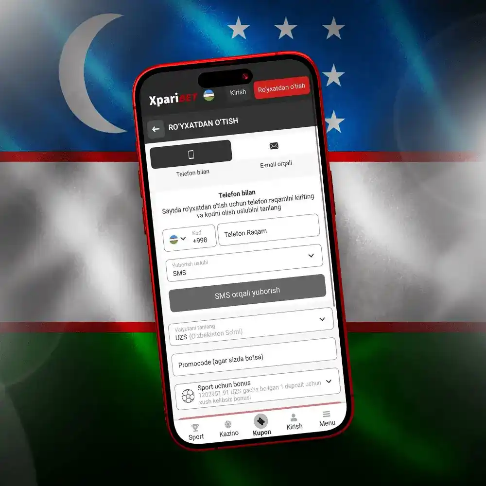 Xparibet ro‘yxatdan o‘tish formasi: telefon, e-mail va promokod maydoni